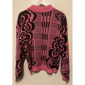 Vtg 80s Pink and Black Shenanigans Floral Geometric Sweater Mock Neck Women's L